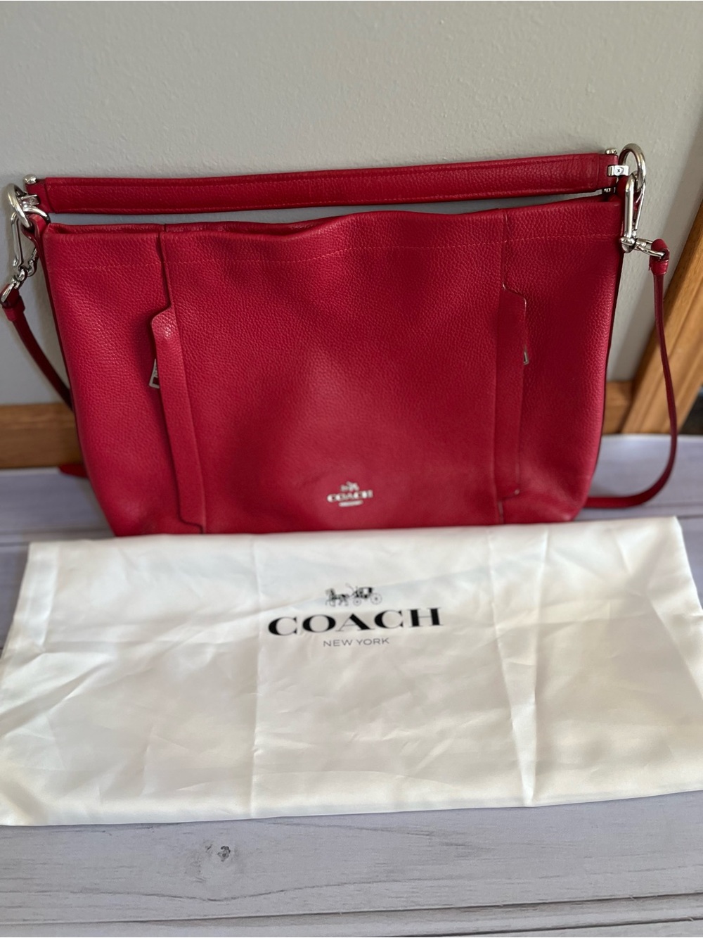 Coach Scout hobo red pebbled leather adjustable crossbody satchel purse bag.